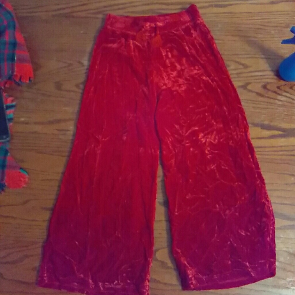 Red, velvet, wide leg pants